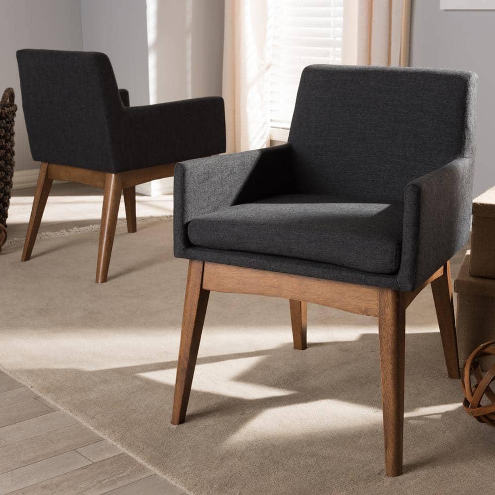 Set of 2 Nexus Mid Century Modern Walnut Wood Fabric Upholstered Dining Armchair Dark Gray - Baxton Studio: Polyester, Rubberwood Frame