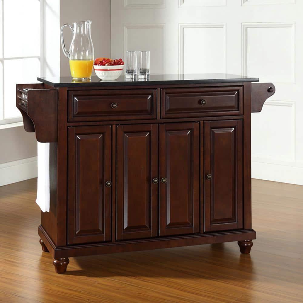 Cambridge Black Granite Top Full Size Kitchen Island/Cart Mahogany - Crosley: With Cabinets, Spice Rack, Towel Holder