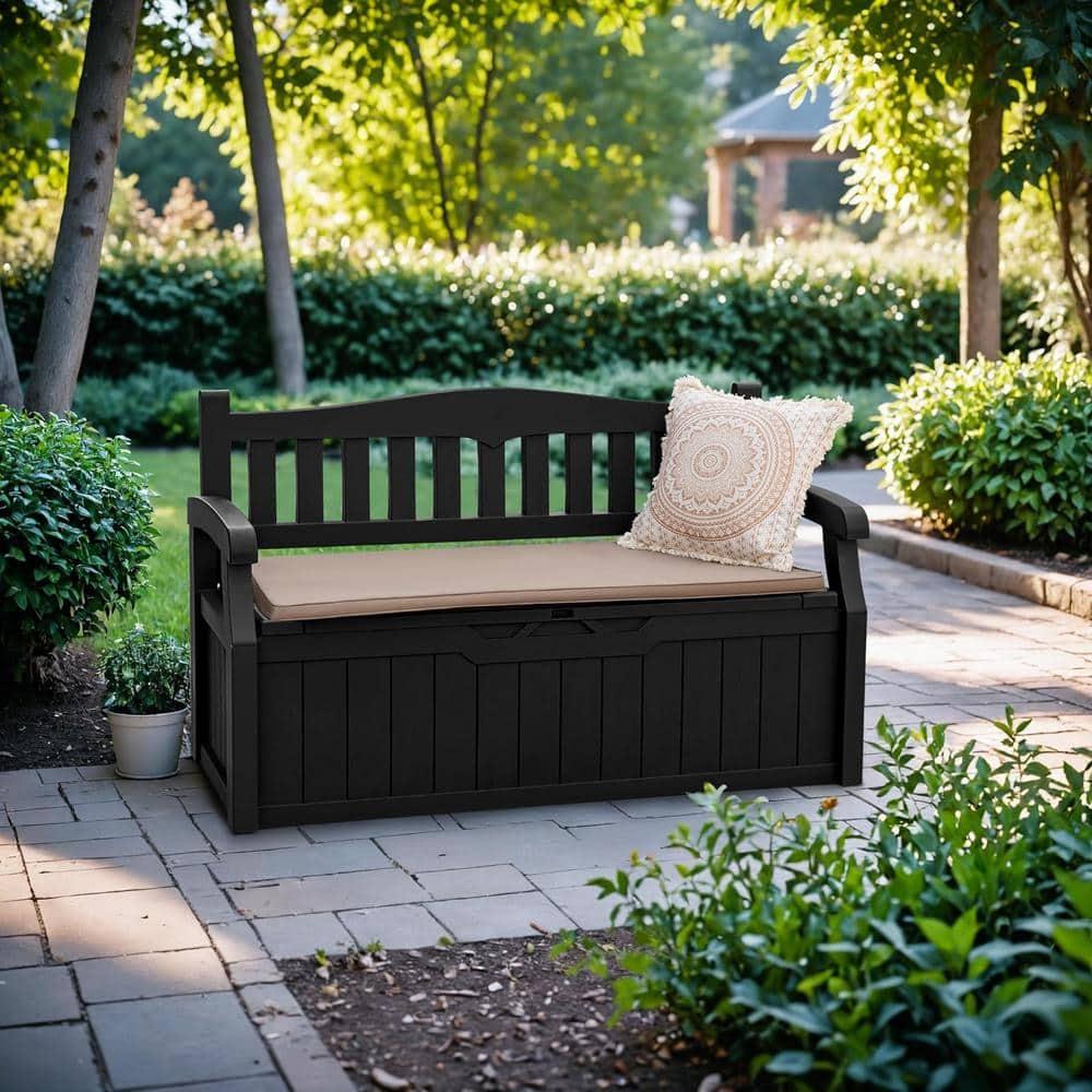 Devoko 80 Gallon Storage Bench Deck Box Lockable for Patio Furniture, Garden Decor and Outdoor Seating for Cushions, Garden Tools and Pool Supplies (Black)