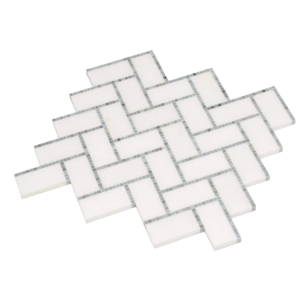 5 pack White and Gray 9.8 in. x 10.8 in. Polished Herringbone Marble Mosaic Floor and Wall Tile (3.68 sq. ft./Case)
