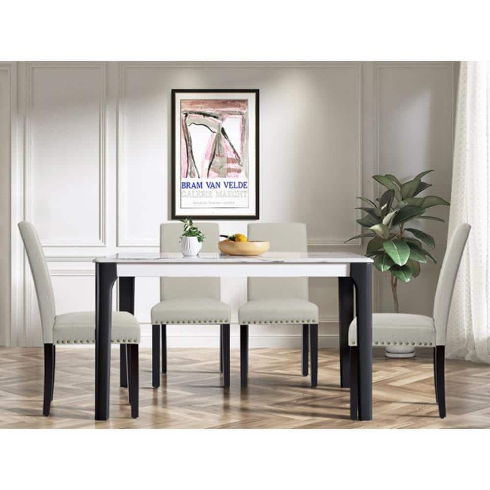 Costway Set of 2 Fabric Dining Chairs Upholstered with Nailhead Trim Beige