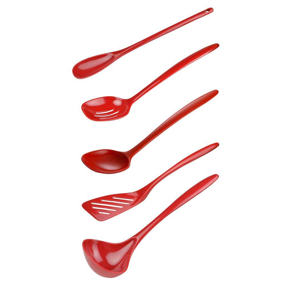 Hutzler 6-piece Melamine Cooking Utensils Set, Includes a 12-inch Long Slotted Spoon, Solid Spoon, Mixing Spoon, Slotted Turner, Soup Ladle, and Storage Crock - Red