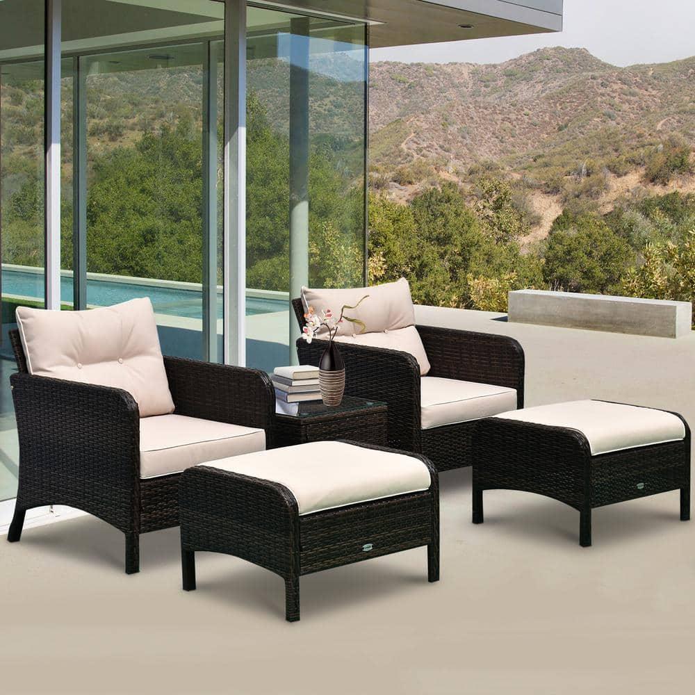 Outsunny 5 Piece Rattan Wicker Lounge Chair, Outdoor Patio Conversation Set with 2 Cushioned Chairs, 2 Ottomans & Top Coffee Table, Brown