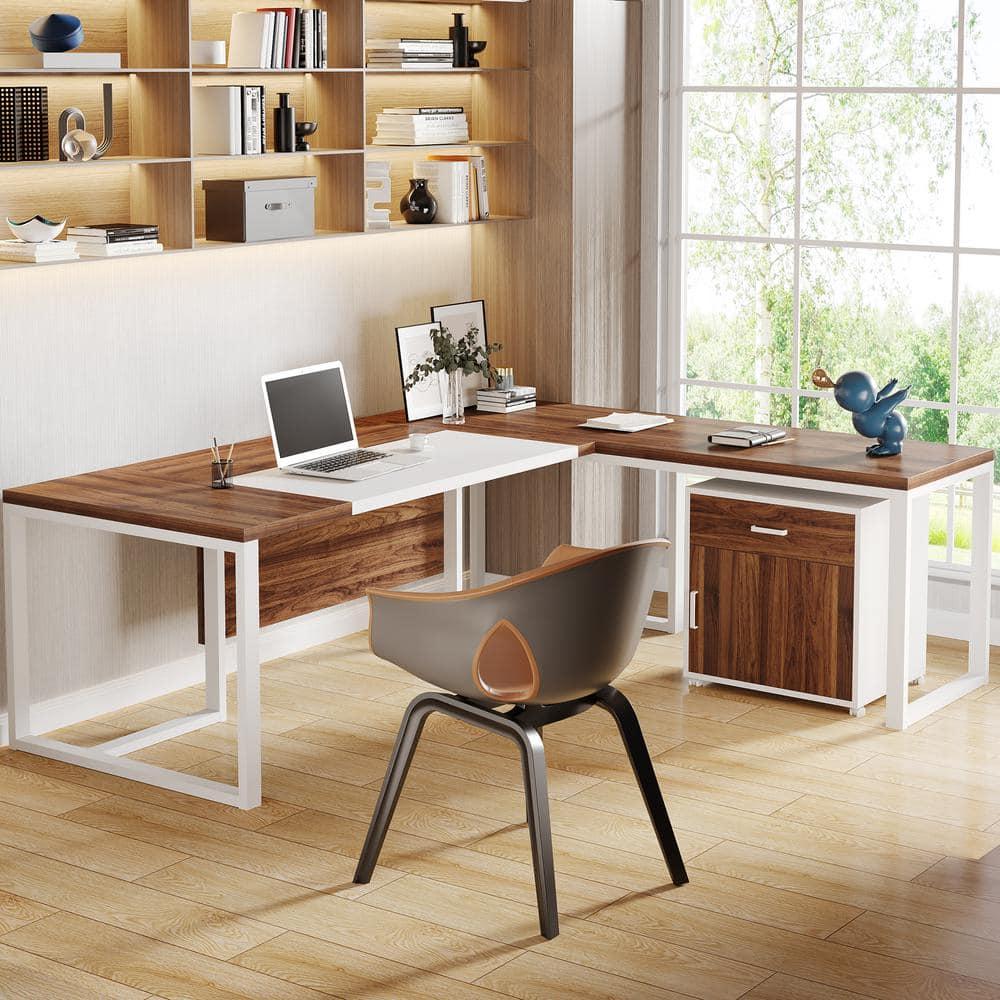 Tribesigns 70.8" Executive Desk with 55" File Cabinet, Industrial L Shaped Computer Desk, Large Executive Desk for Home Office, Walnut & White