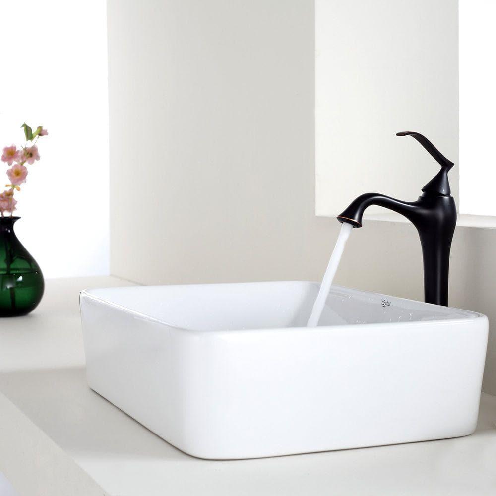 KRAUS Rectangular Ceramic Vessel Bathroom Sink in White with Pop-Up Drain in Oil Rubbed Bronze