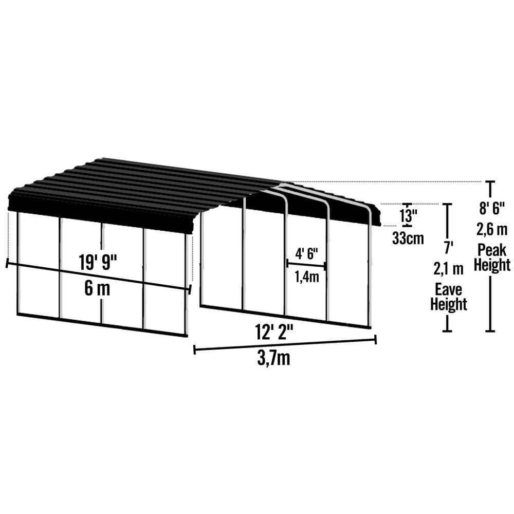 Arrow Steel Carport, 12 ft. x 20 ft. x 7 ft. Galvanized Black/Charcoal