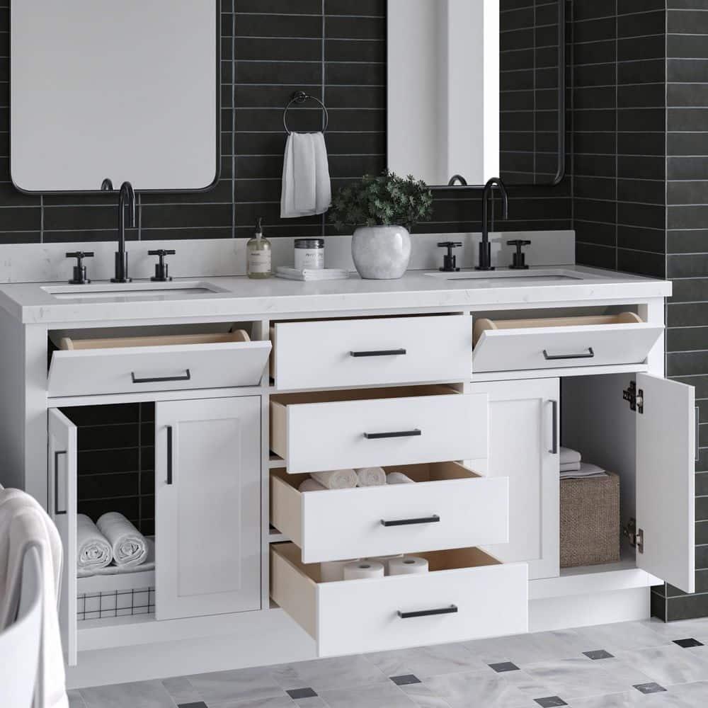 Wildon Home® Tidworth 66'' Solid Wood Double Bathroom Vanity with 1.5'' Carrara Quartz Top, Rectangular Sinks