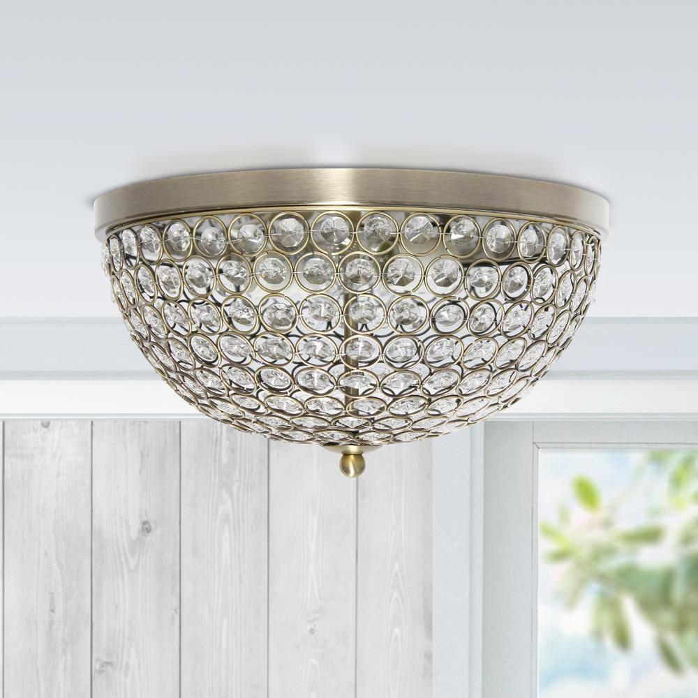 Elegant Designs Elipse Crystal 13" Modern Metal 2 Light Bowl Shaped Ceiling Flush Mount Fixture, Antique Brass