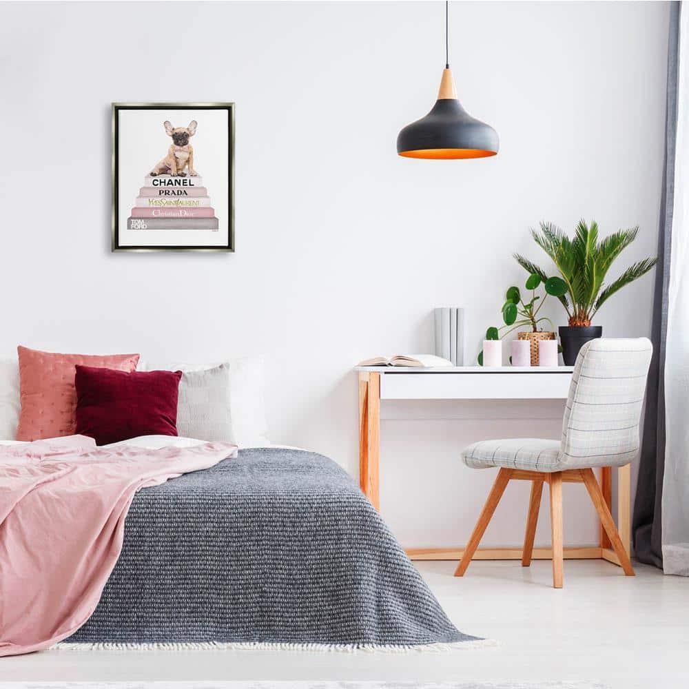 Stupell Industries Watercolor High Fashion Bookstack French Bulldog Gray Floater Framed Canvas Wall Art, 16 x 20