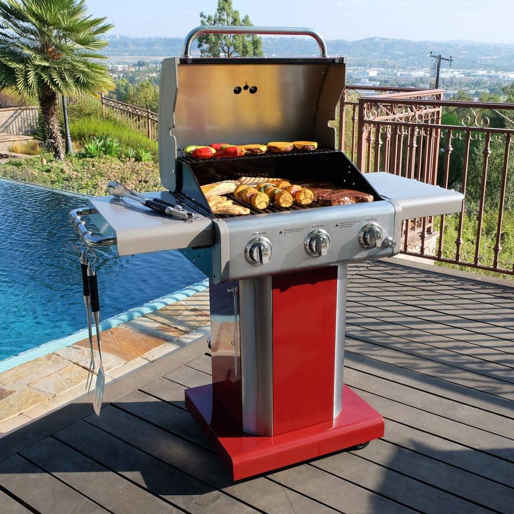 Kenmore 3-Burner Propane Gas Grill with Foldable Side Tables for Outdoor BBQ