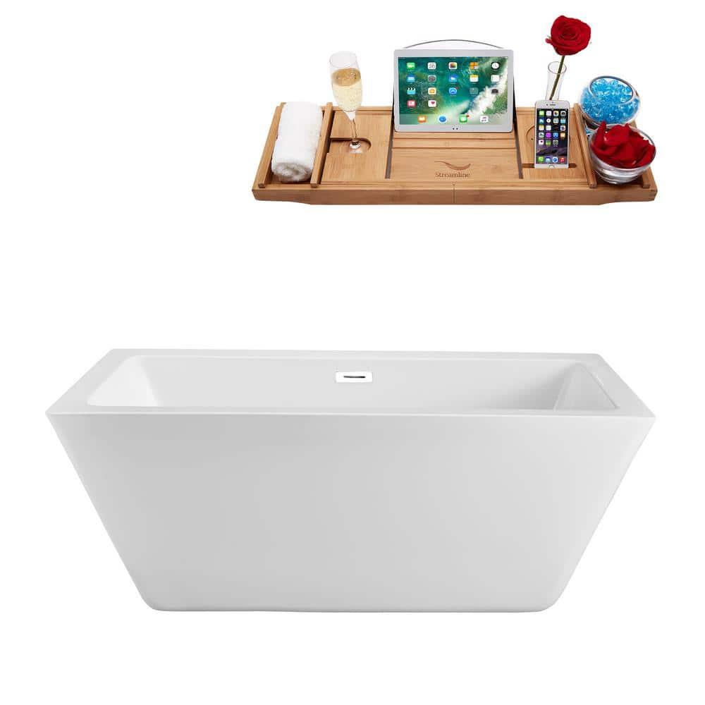 Streamline Bath 62" Streamline Freestanding Soaking Acrylic Bathtub With Drain and Bamboo Tray N580GLD