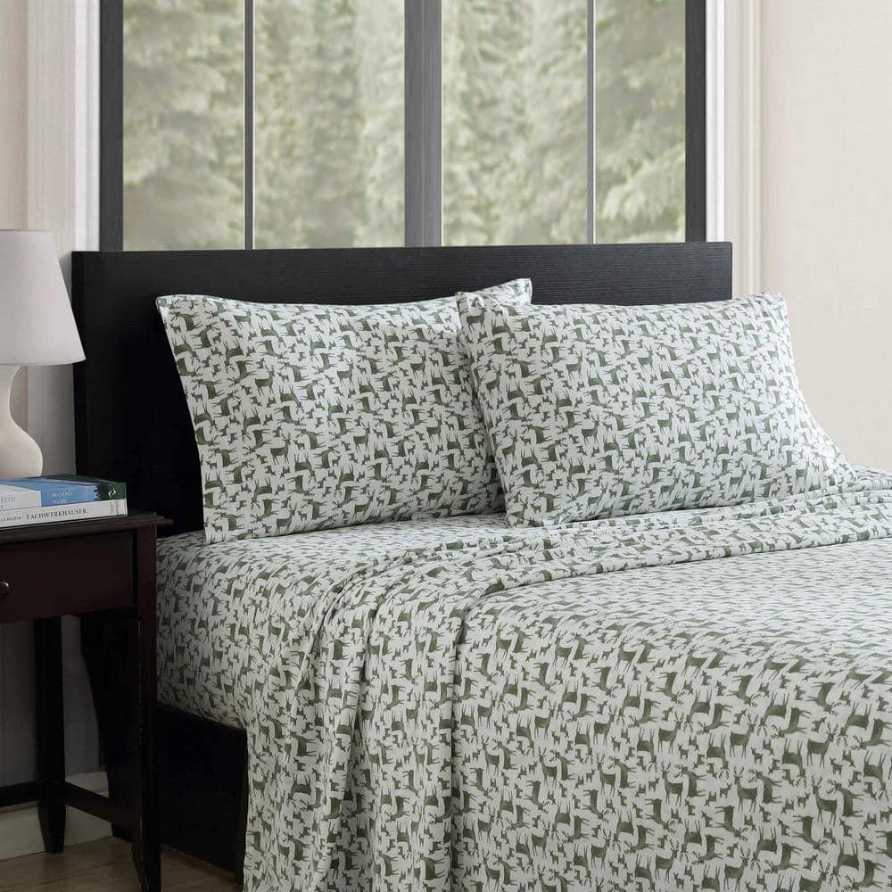 Eddie Bauer Deer Camp Green 100% Cotton Flannel Twin Sheet Set