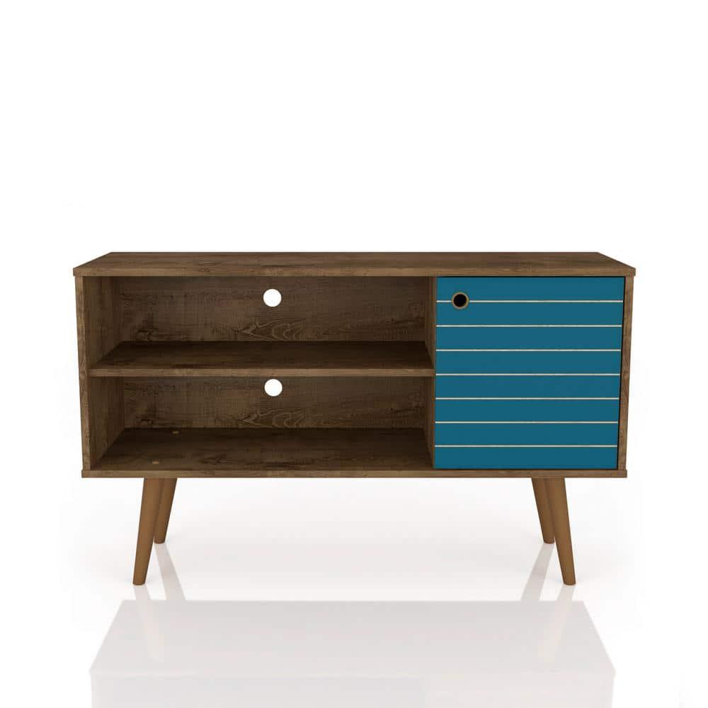 Liberty Mid-Century Modern 2 Shelves and 1 Door TV Stand for TVs up to 46" Rustic Brown/Aqua Blue - Manhattan Comfort