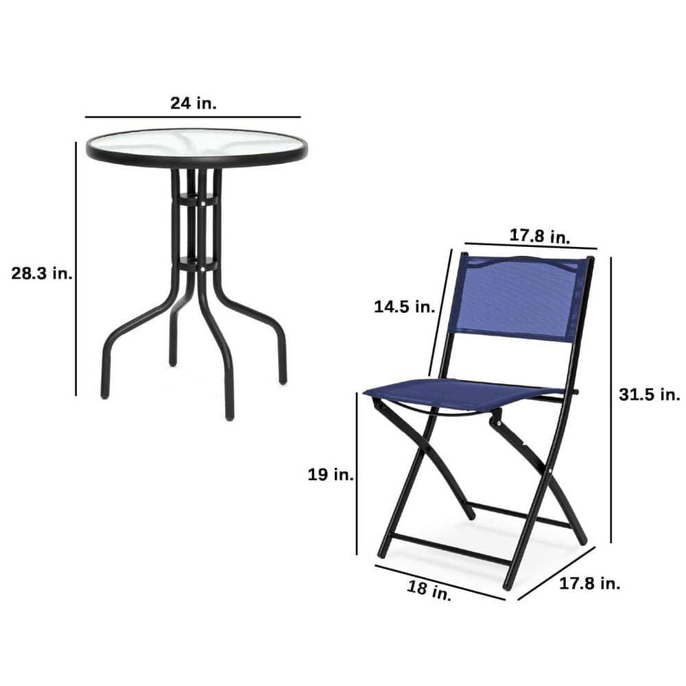 George Oliver 3-Piece Patio Bistro Dining Furniture Set W/ Glass Tabletop, Folding Chairs
