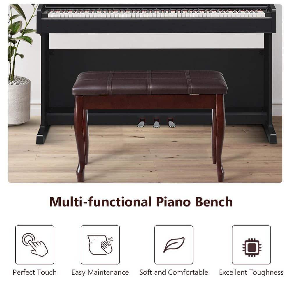 Costway Solid Wood Piano Bench PU Leather Keyboard Seat Storage Brown