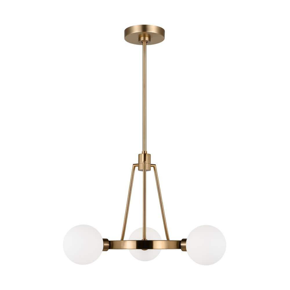 Satin Brass Minimalist 3-Light Chandelier with Milk Glass Shades