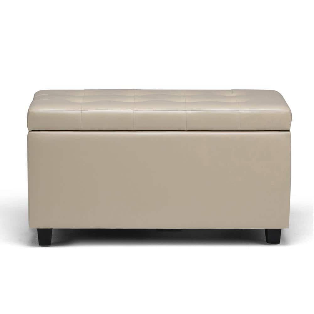 Simpli Home Cosmopolitan 34"W Upholstered Storage Ottoman with Tufted Design and Large Interior Storage