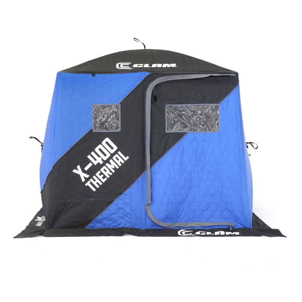 CLAM 17479 X-400 Portable 3 to 4 Person 8-Foot Pop-Up Ice Fishing Angler Thermal Hub Shelter Tent with Anchor Straps and Carrying Bag