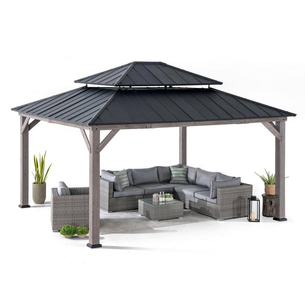Sunjoy Sunjoy 13 x 15 ft. Wood Gazebo, Outdoor Patio Steel Hardtop Gazebo, Cedar Framed Wooden Gazebo with 2-Tier Metal Roof, Suitable for Patios, Lawn and Backyard