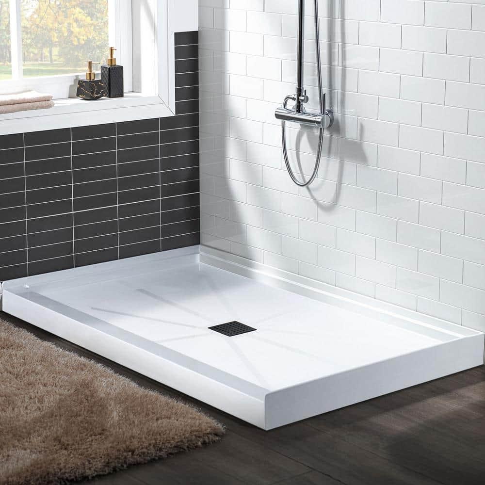 60" x 36" Solid Surface Single Threshold Shower Pan Base with Drain Assembly & Drain Cover Included, Non-Slip