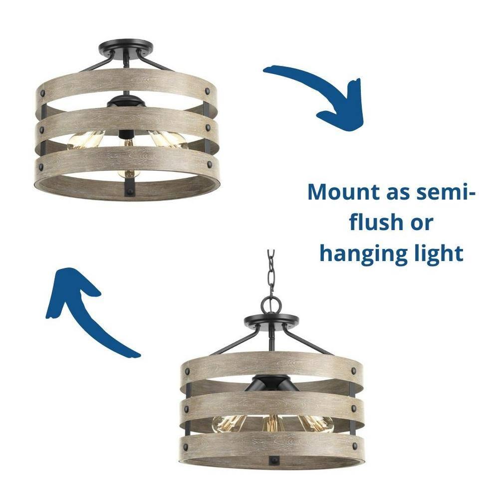 Progress Lighting Gulliver 3-Light Semi-Flush Convertible Ceiling Light, Graphite, Wood Grained Texture