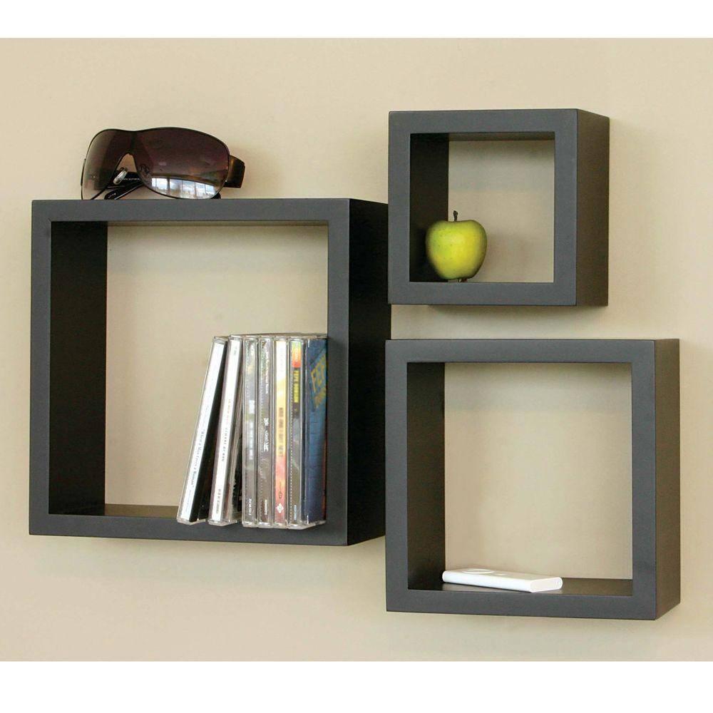 Set of 3 Cubbi Floating Wall Shelves Black: Wood Composite, Space-Saving, Various Sizes
