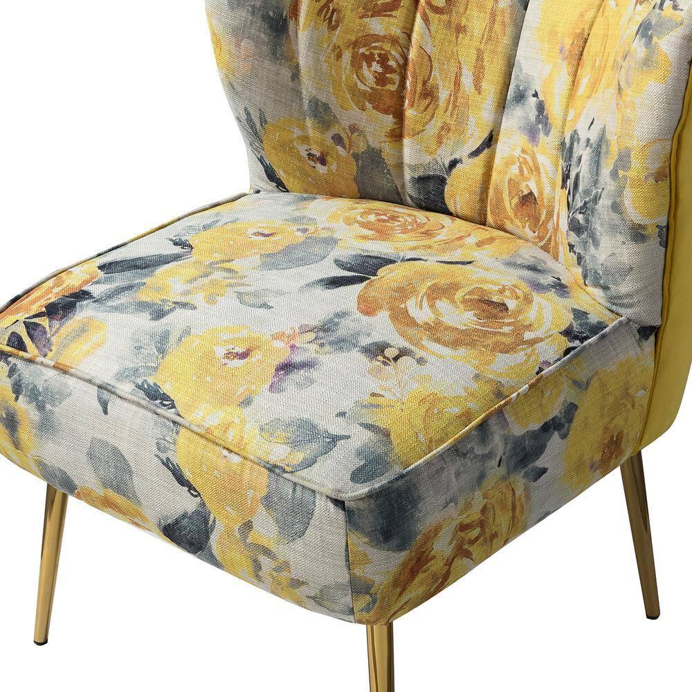 Contemporary Upholstery Accent Chair Metal Base Tufted Back Elegant Pattern seat Home Living Room Bedroom Yellow