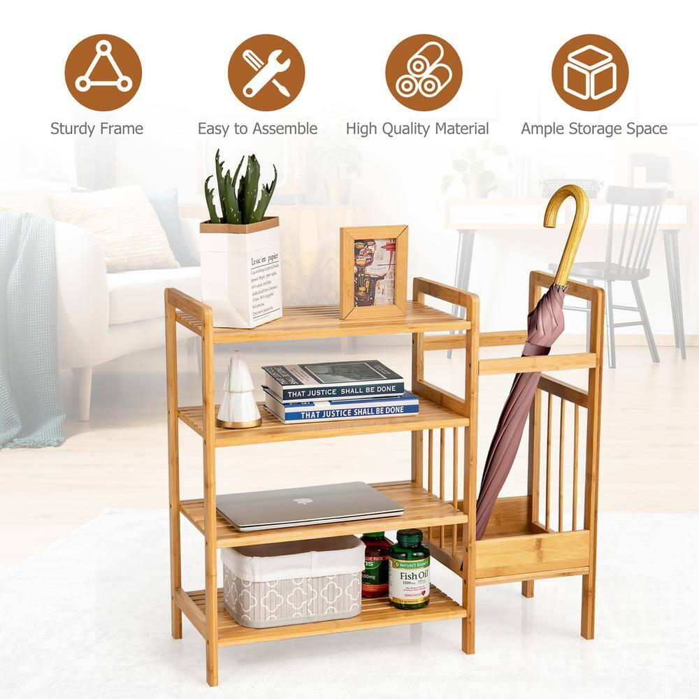 Costway 4-Tier Bamboo Shoe Rack Entryway Organizer w/Umbrella Holder & Shelves