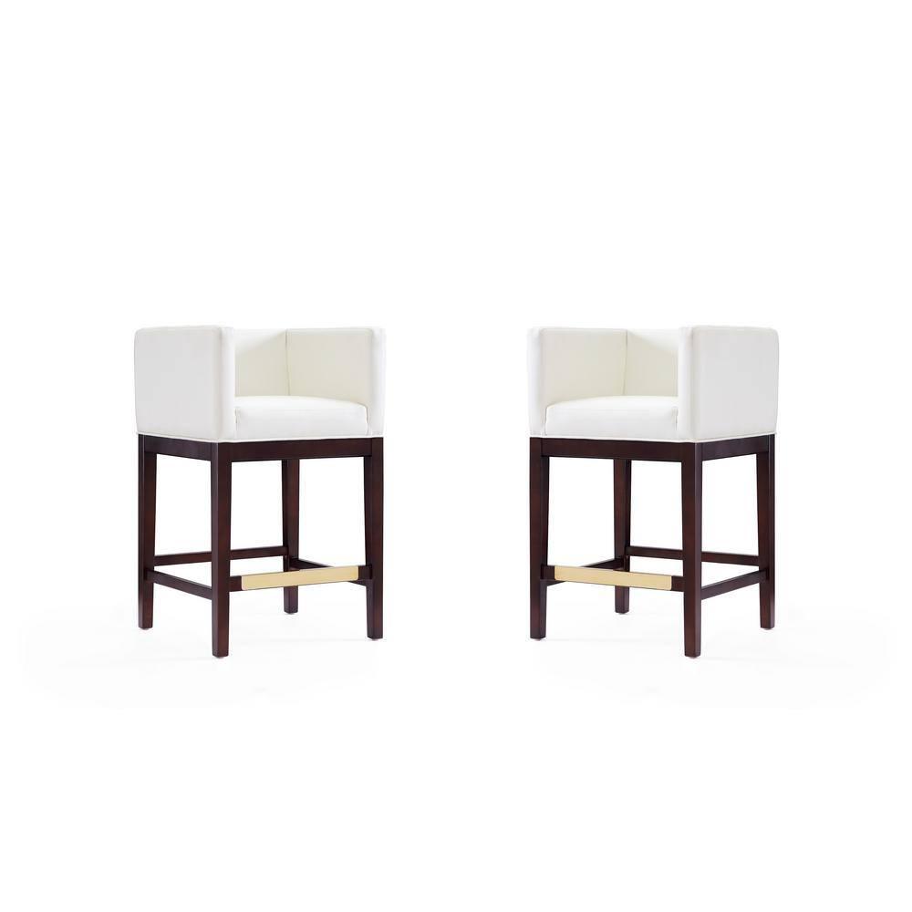 Set of 2 Kingsley Upholstered Beech Wood Counter Height Barstools Ivory - Manhattan Comfort: Faux Leather, Low Back, Armrests