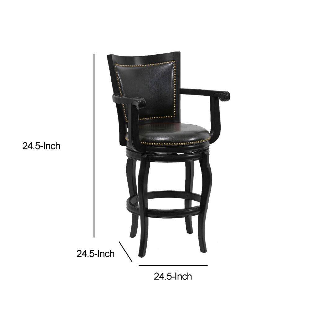 Benjara Hugo 29 Inch 360-Degree Swivel Barstool, Wood, Open Rolled Arms, Black