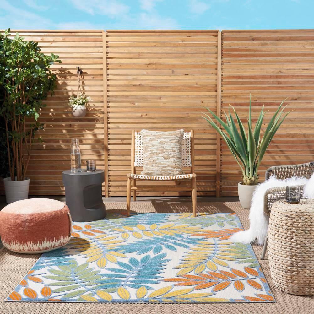 Nourison Aloha Floral Leaf Flatweave High-Low Indoor Outdoor Area Rug Ivory/Multi 5'3" x 7'5"