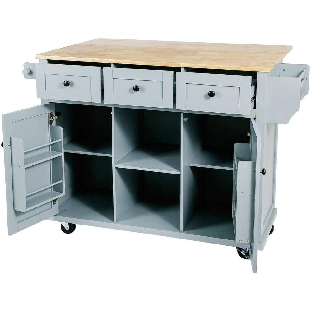 53.1" Kitchen Island Cart with Large Tabletop and Locking Wheels, Kitchen Trolley Cart with 4 Doors Cabinet & 2 Storage Drawers, Spice Rack & Towel Rack, Rolling Kitchen Island Cart, Grey Blue