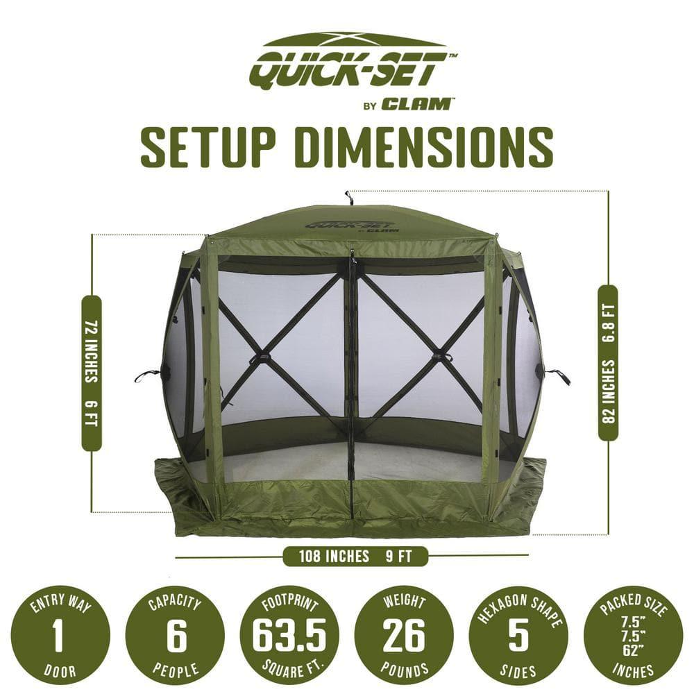 CLAM Quick-Set Venture 9 x 9 Foot Portable Pop-Up Outdoor Camping Gazebo Screen Tent 5 Sided Canopy Shelter with Ground Stakes and Carry Bag, Green