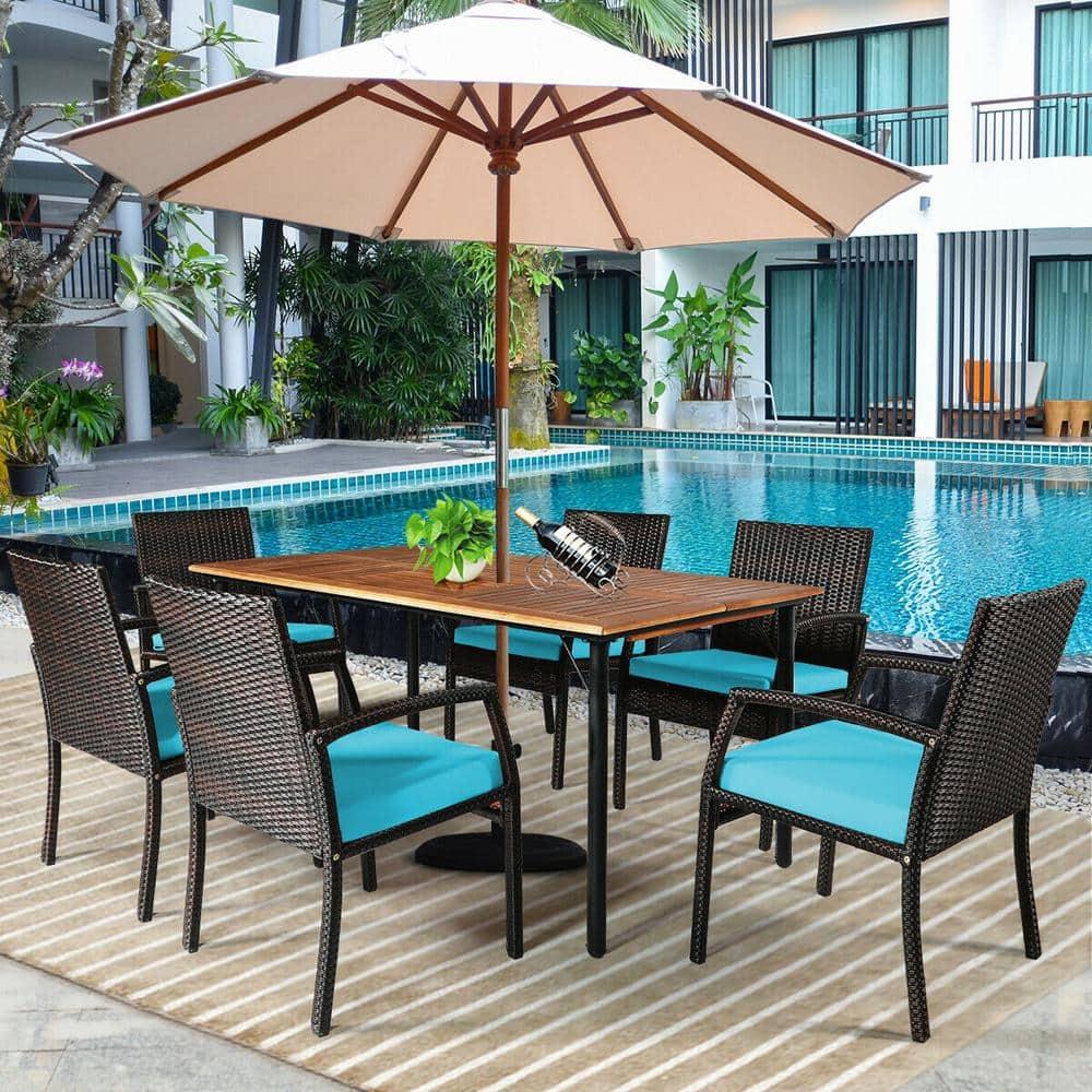 Costway 7PCS Patio Rattan Dining Chair Table Set with Cushion Umbrella Hole Turquoise