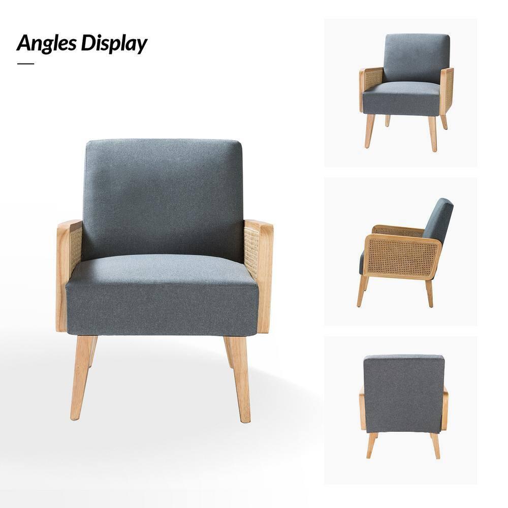 Farmhouse Accent Chair Rattan Armrests Fabric Upholstered Wooden Reading Armchair Living Bedroom Blue