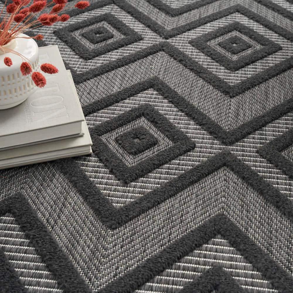 Nourison Versatile Diamond Geometric Flatweave Indoor Outdoor Area Rug Charcoal/Black 5' x 7'