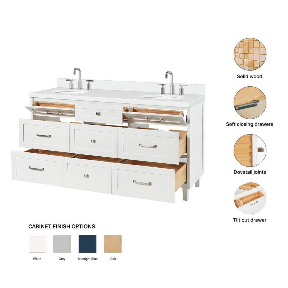 Ariel Monrow 67 Inch Double Oval Sink Bathroom Vanity With Pure White Quartz Countertop