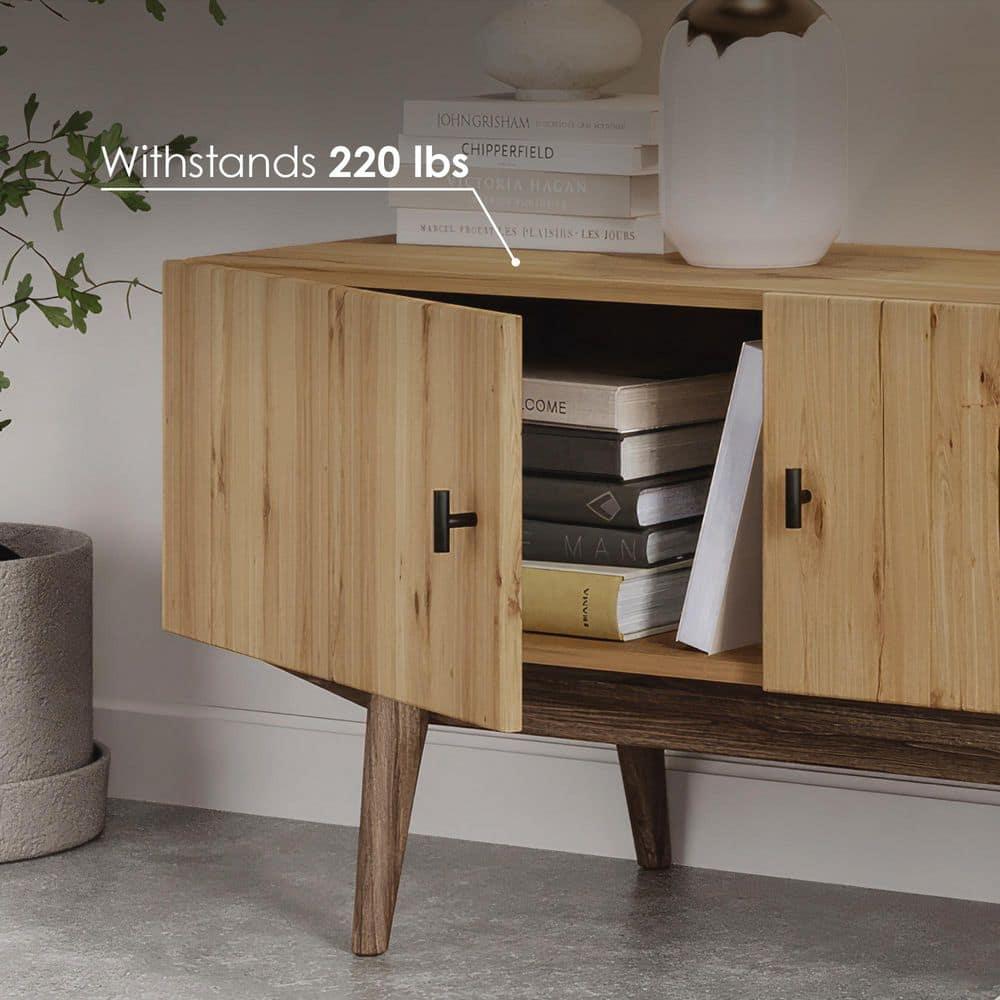 Living Skog  Chelsea Brown TV Stand Fits for TV's up to 65 in. with Slatted Design and Wood Legs light brown Matte Laminate