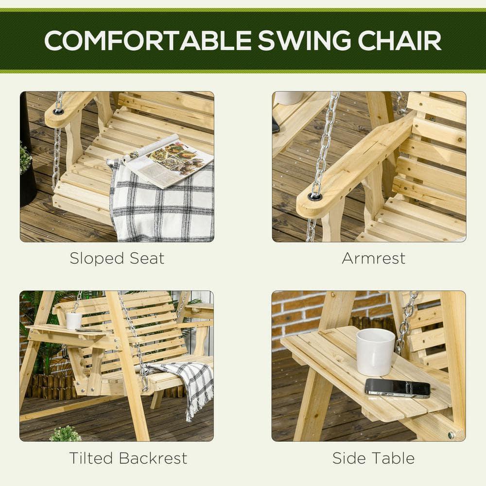 Outsunny 2-Seat Outdoor Swing Chair, Porch Swing with Stand and Side Tables, for Garden, Poolside, Backyard, Natural