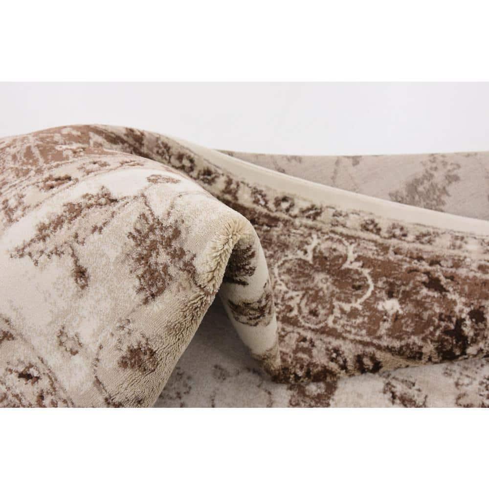 Ivory and Brown Synthetic Stain-Resistant Rectangular Area Rug
