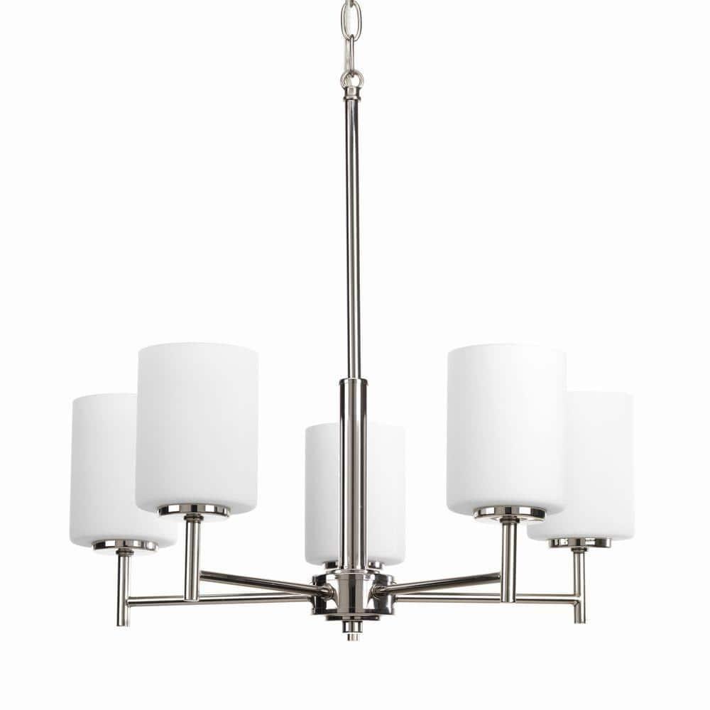 Progress Lighting Replay 5-Light Chandelier, Steel, Polished Nickel, White Glass Shades