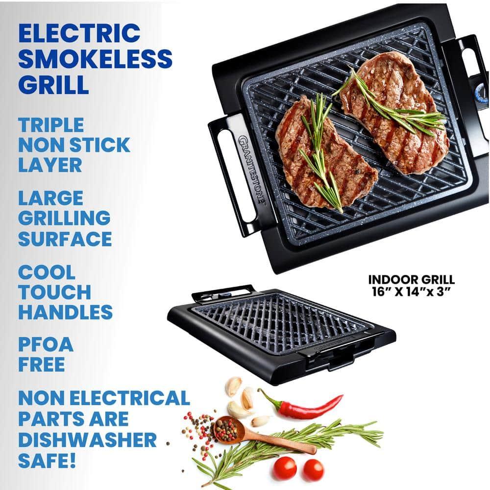 Granite Stone Indoor Nonstick Electric Smoke-Less Grill with Cool-Touch Handles and Adjustable Temperature Dial – Black, 16" x 14”