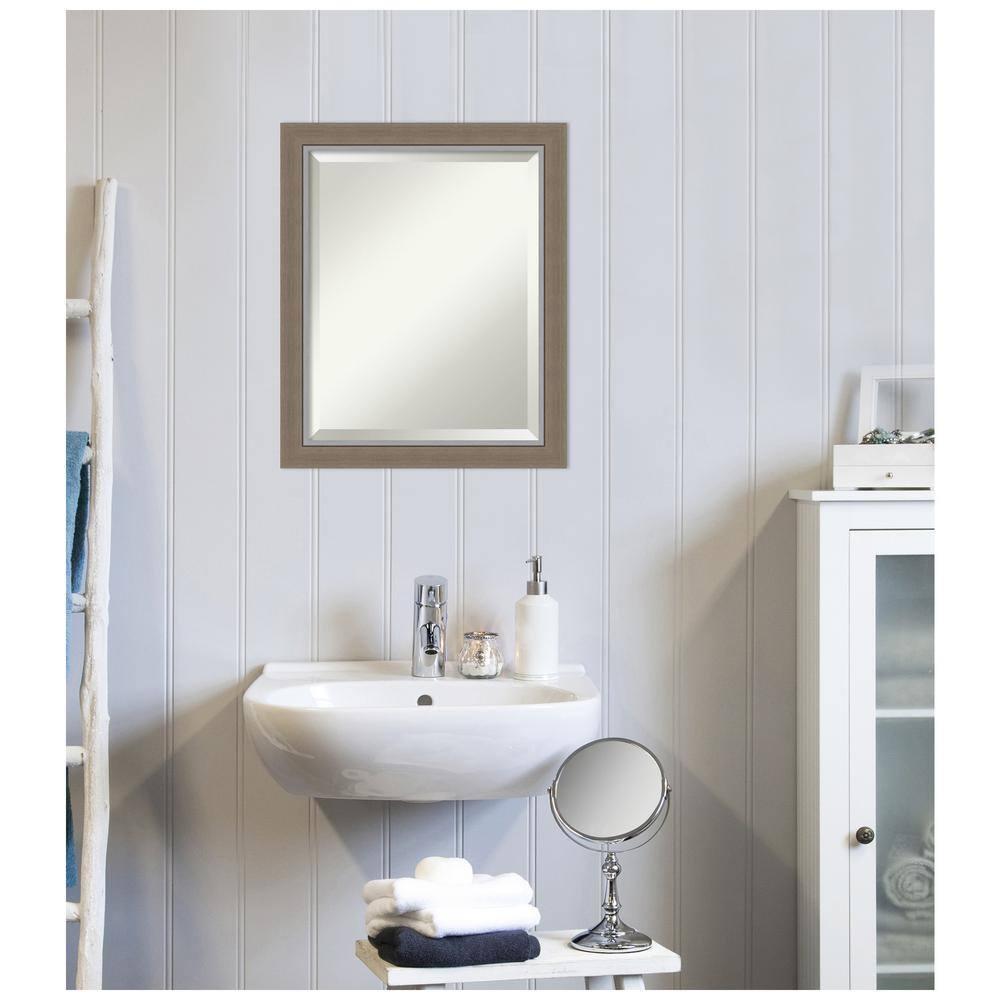 Amanti Art Beveled Bathroom Wall Mirror - Eva Narrow Frame Eva Brown Narrow Outer Size: 19 x 23 in Silver, Brown