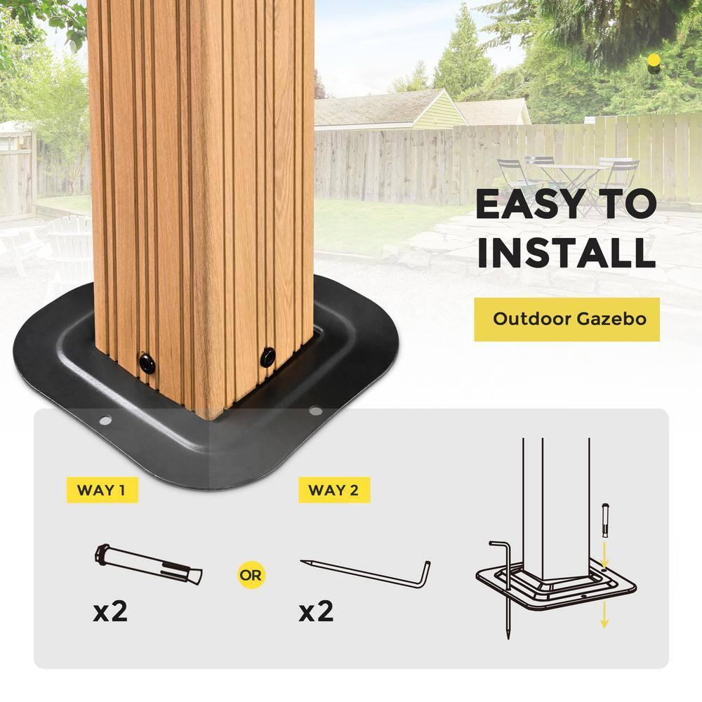 10 ft. x 12 ft. Double Roof Hardtop Wood Grain Aluminum Patio Gazebo with Netting and Khaki Curtains