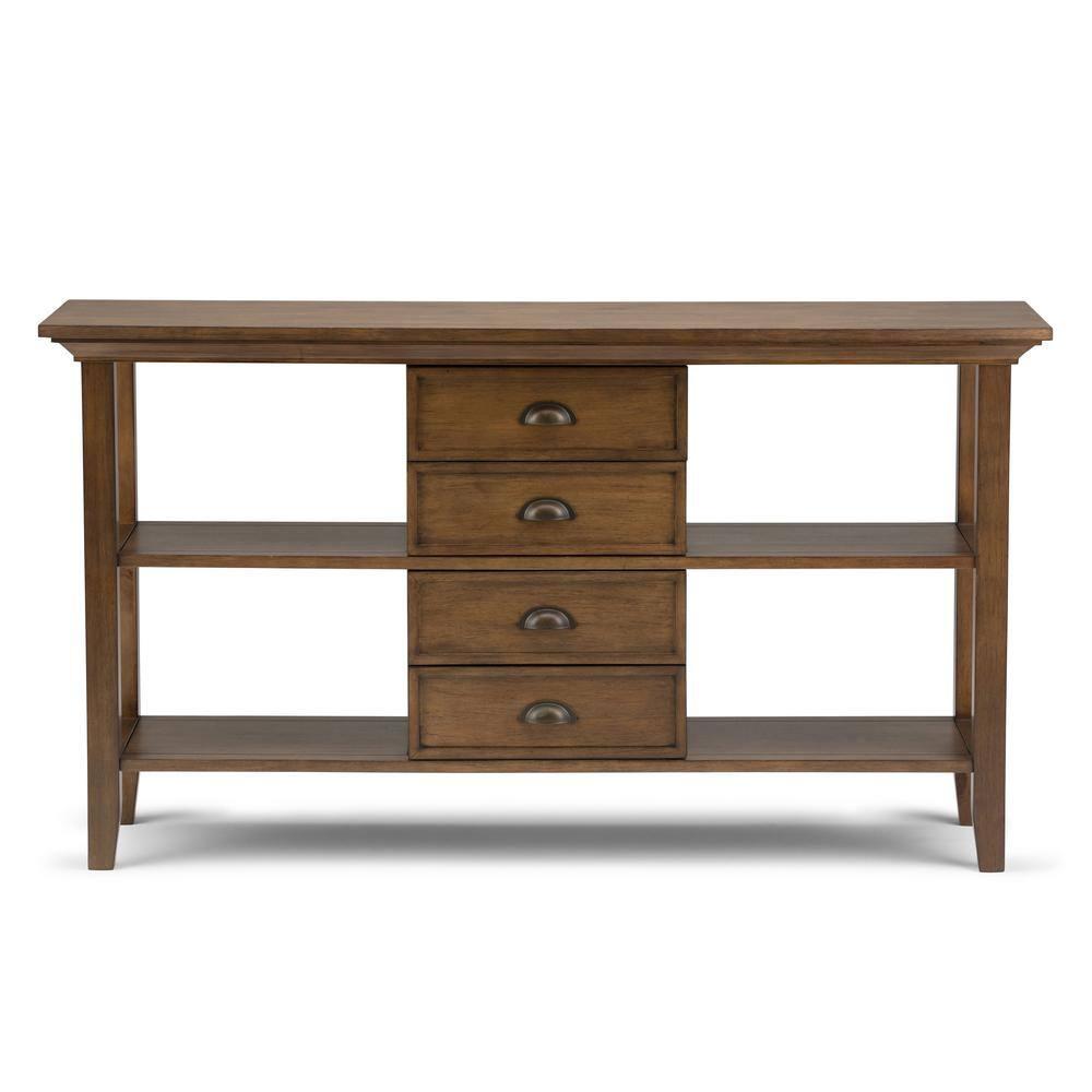 Simpli Home Redmond 54"W Solid Wood Storage Console Table with 4 Center Drawers and Open Shelves