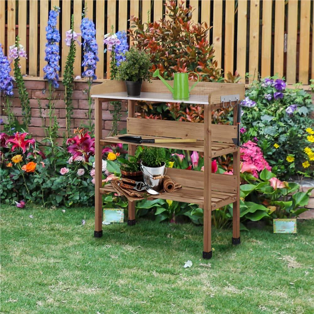35.5 in. H Outdoor Potting Bench Table with Storage Shelf Fir Garden Wooden Potting Station