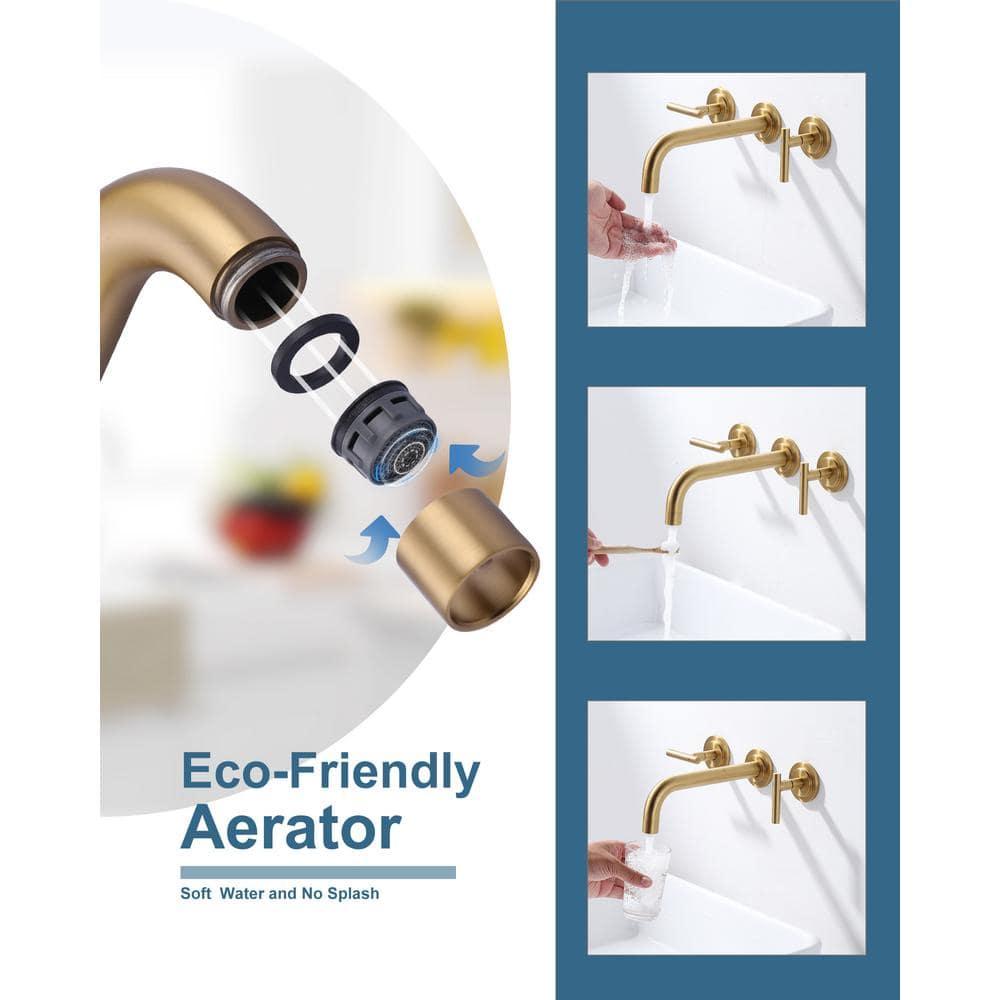 Double Handle Wall Mounted Bathroom Faucet in Solid Brass, Brused Gold