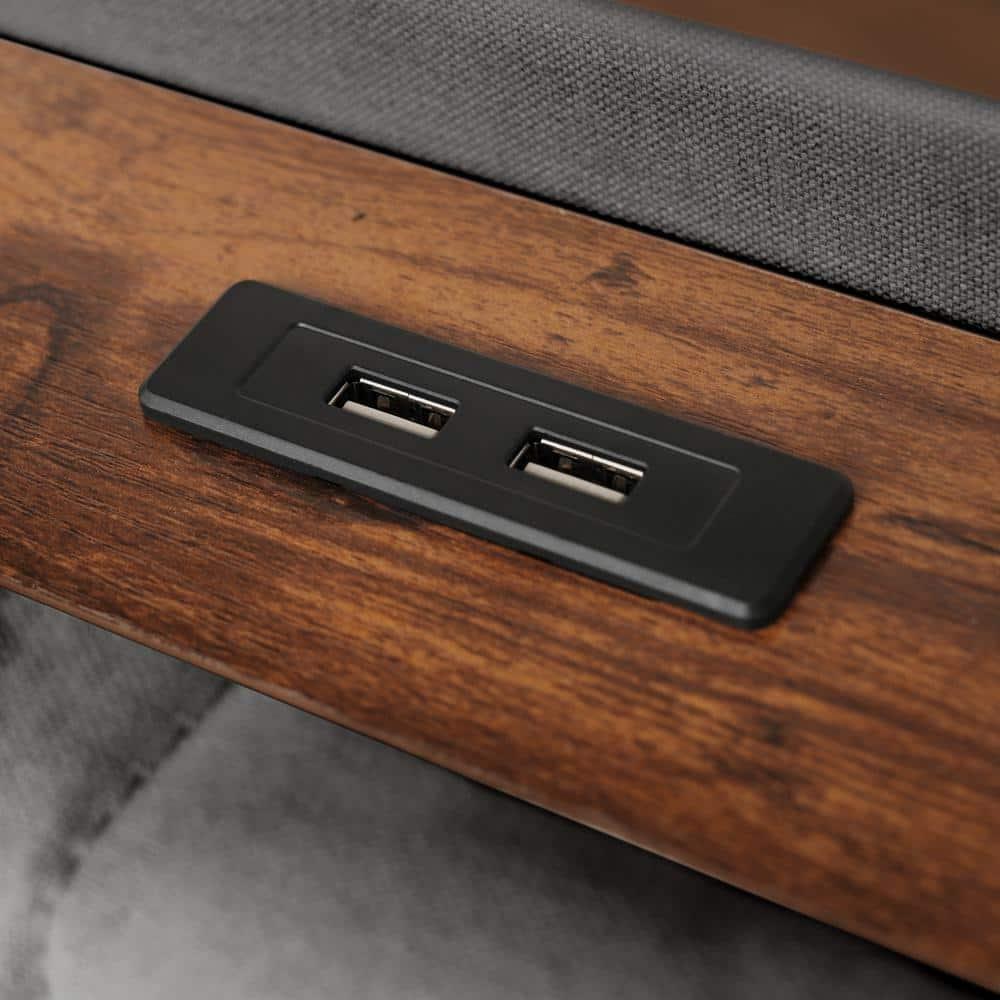 Gray Linen Upholstered Queen Platform Bed with LED Lights and Storage