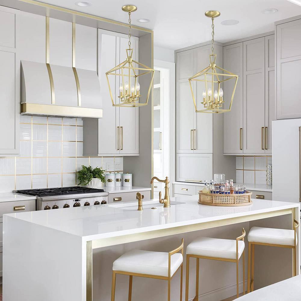 Rustic Lantern Chandeliers 4-Light Ceiling Cage Hanging Lights Gold Pendant Light Fixtures for Kitchen Island Dining Room Farmhouse Entryway Foyer