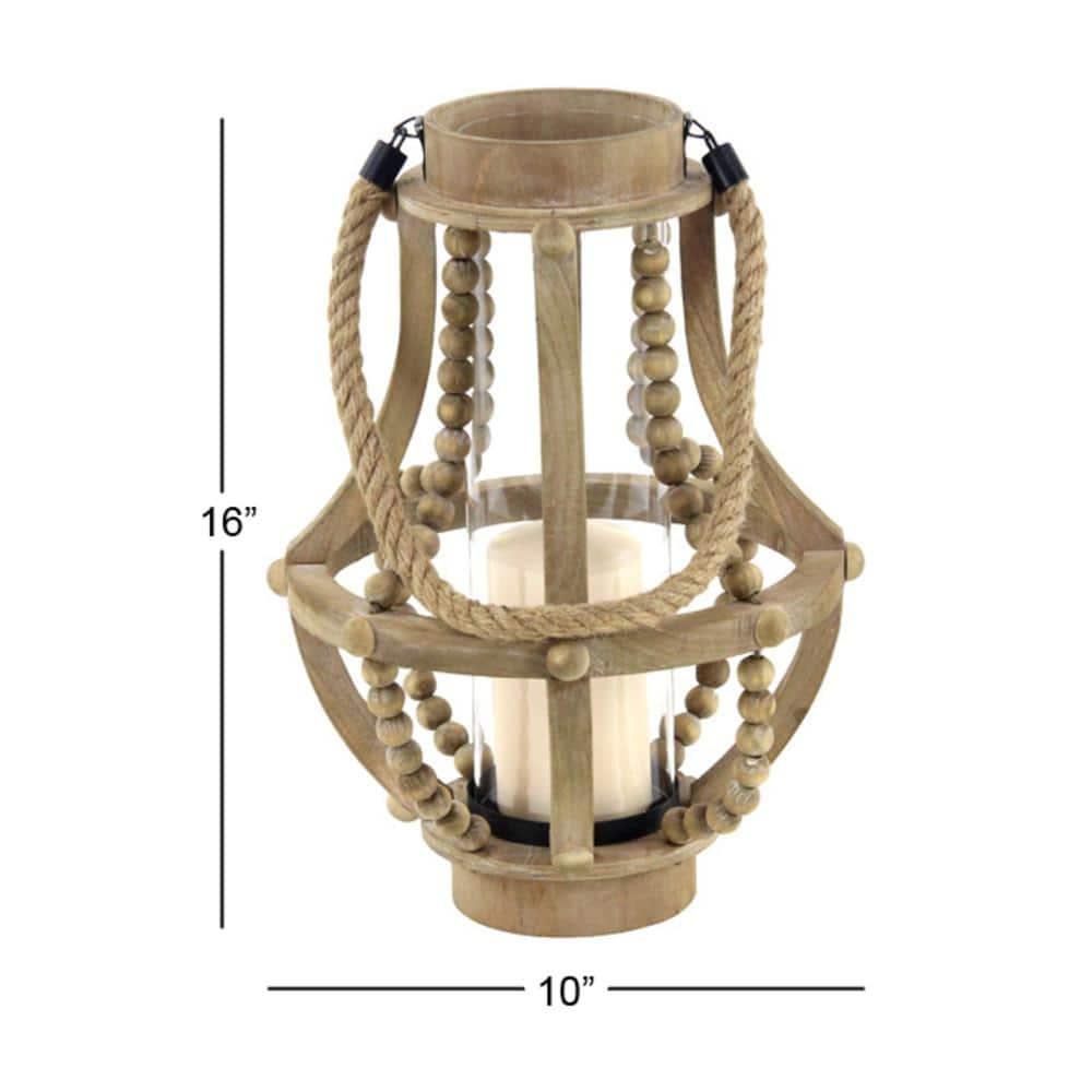 Olivia & May 16" x 10" Rustic Wood/Glass Candle Holder with Rope Handle Beige : Wooden Lantern, Tall Pillar Style